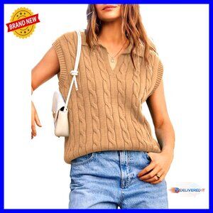 V-Neck Lapel Collar Cable Knit Vest Top Chic Classic Elegant Women's Layering